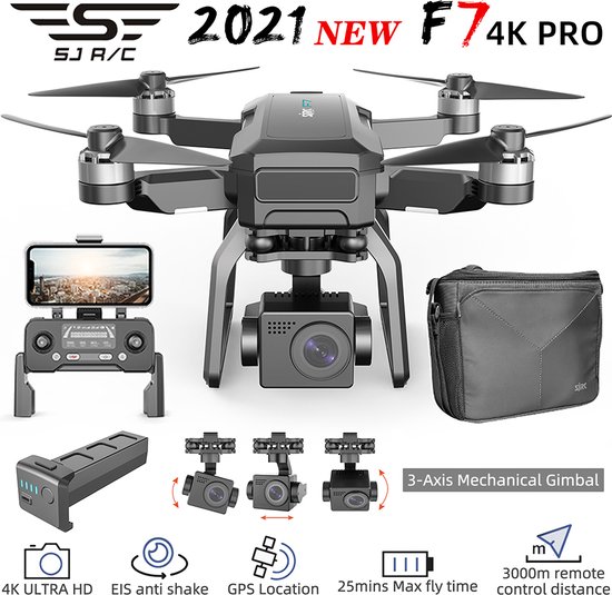 SJRC-F7-4K PRO EIS - Drone - Drone met camera - GPS - 3 Assige Gimbal-5G WIFI FPV - 3KM -BRUSHLESS MOTORS - UHD CAMERA - OPVOUWBAAR - Drones - SMART LiPo BATTERIJ -EXTRA ACCU - ZILVER GRIJS - ARODI